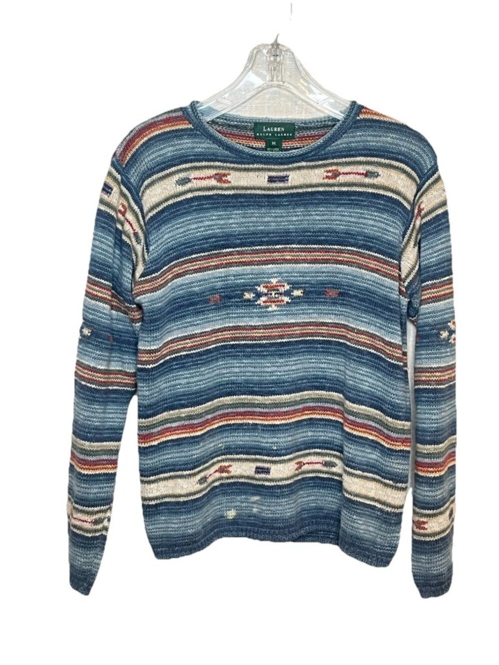 Lauren Ralph Lauren Southwestern Stripe Knit Roll Neck Sweater Linen Cotton Med